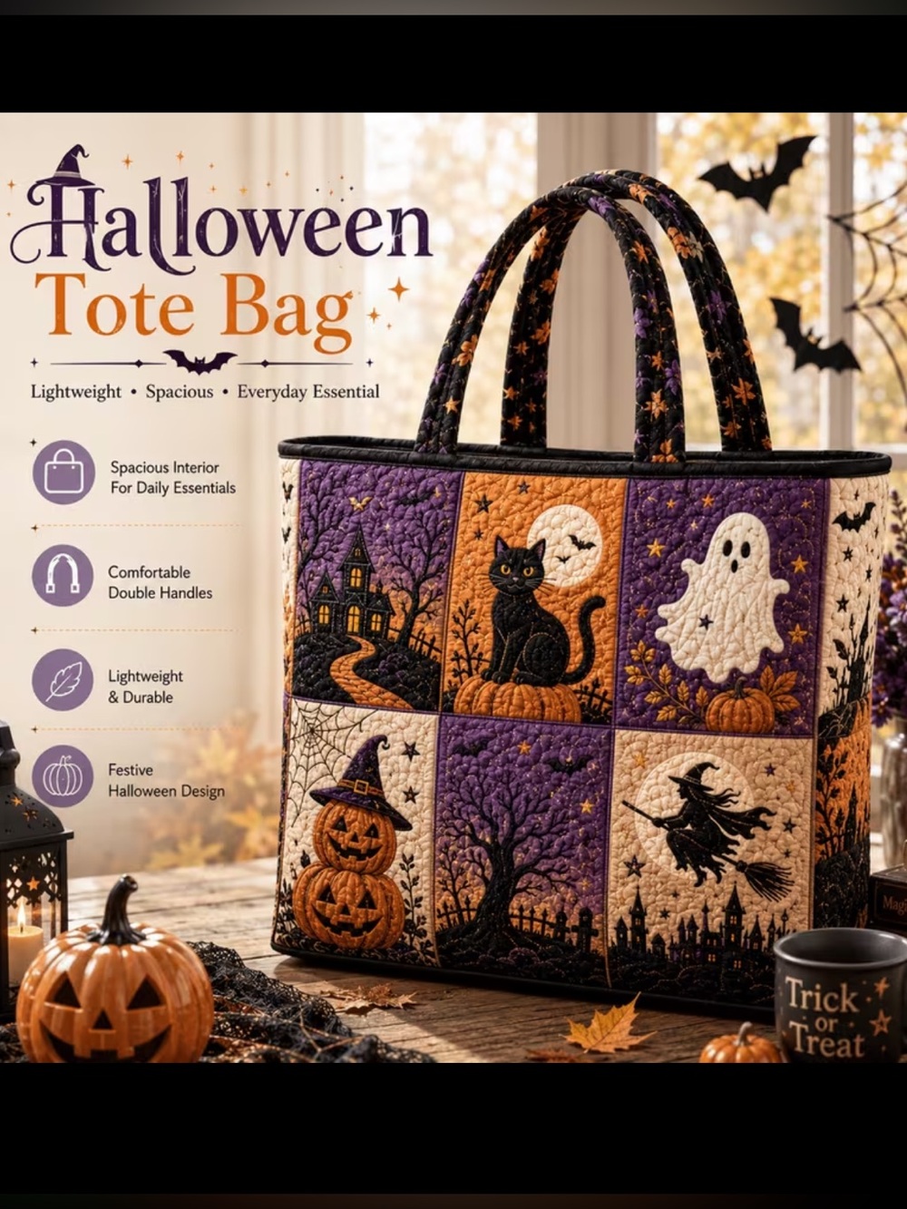 (A16) Quilted Tote Bag - Halloween Icons